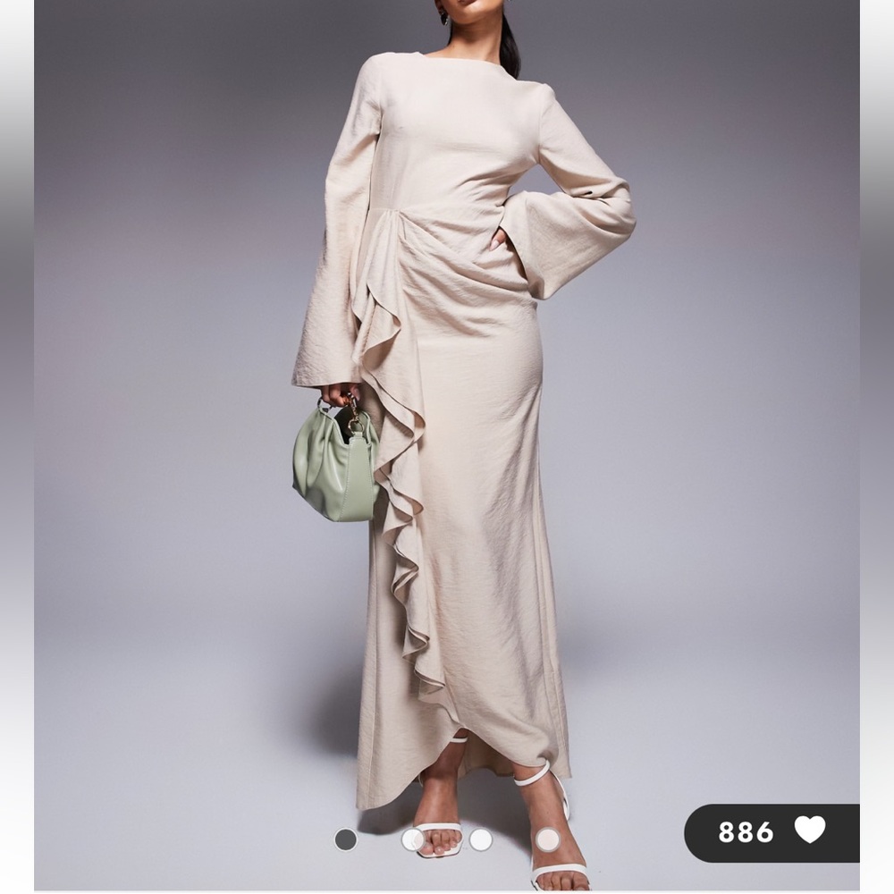 ASOS DESIGN long sleeve linen maxi dress with ruffle skirt in stone size 4